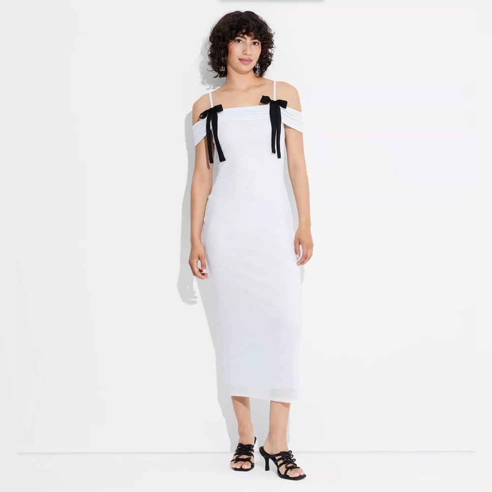 Blue Off-Shoulder Midi Dress with Black Bows